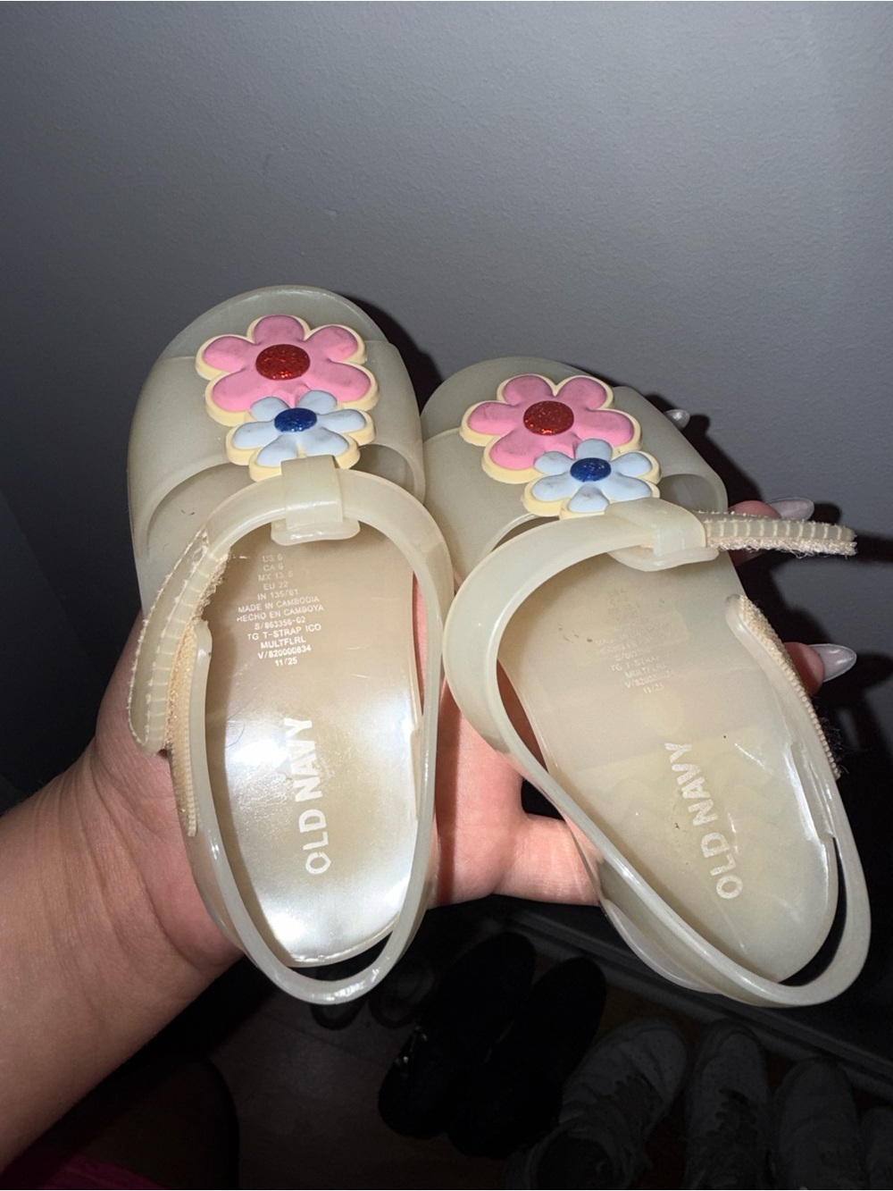 Old Navy Cream Girls' Jelly Mary Janes with Pink & Blue Flower Accents